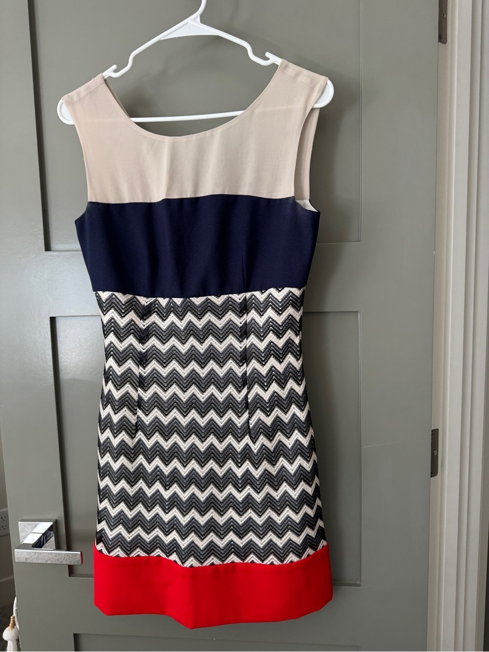 Max & Cleo Navy, Beige & Red Chevron Sheath Dress